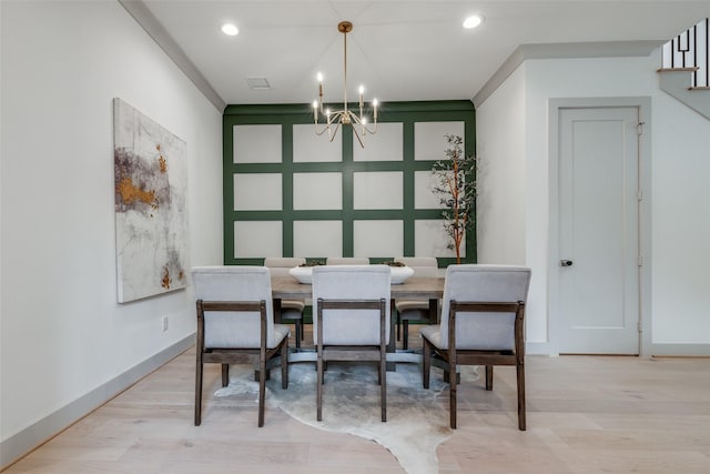 1724 Ridgewood St, Houston, TX 77006 - dining space with a chandelier, light wood-style floors, recessed lighting, and baseboards
