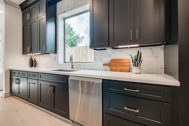 1724 Ridgewood St, Houston, TX 77006 - kitchen with dishwasher, a sink, light countertops, tasteful backsplash, and light wood-style floors