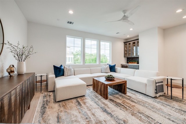 1724 Ridgewood St, Houston, TX 77006 - living area featuring light wood-type flooring, recessed lighting, and a ceiling fan