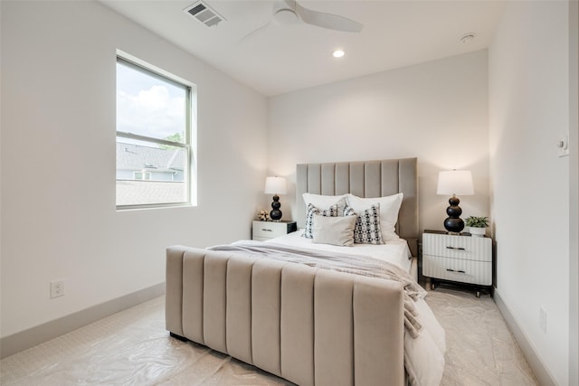 1724 Ridgewood St, Houston, TX 77006 - bedroom with light colored carpet, baseboards, a ceiling fan, and recessed lighting