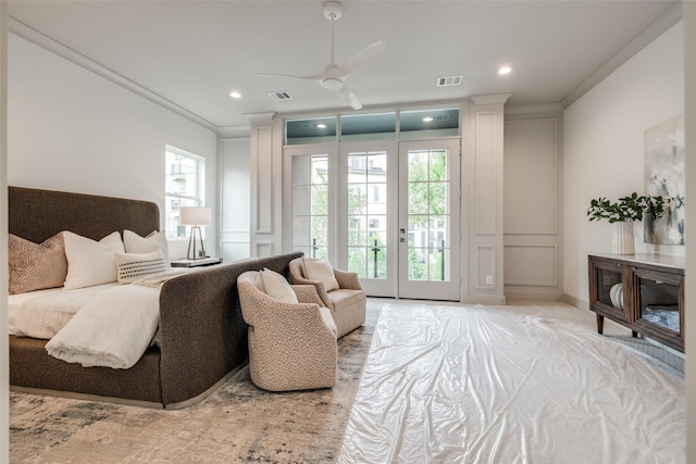 1724 Ridgewood St, Houston, TX 77006 - bedroom featuring ornamental molding, access to outside, a decorative wall, and recessed lighting