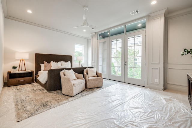 1724 Ridgewood St, Houston, TX 77006 - bedroom with access to outside, french doors, recessed lighting, a ceiling fan, and crown molding