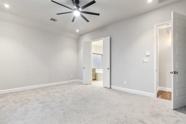 11439 Bush Clover Dr, Cypress, TX 77433 - unfurnished bedroom with carpet floors, recessed lighting, baseboards, connected bathroom, and ceiling fan