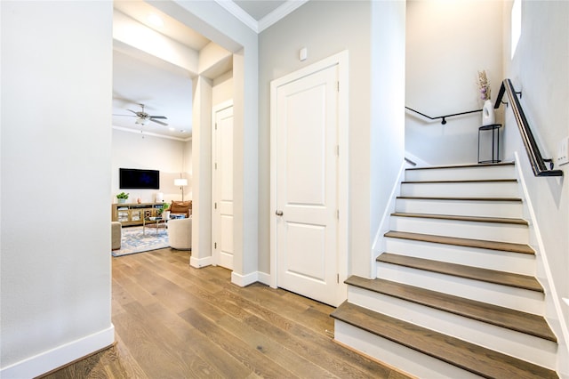 10918 Brookeshire Chase Ln, Houston, TX 77043 - stairway with crown molding, wood finished floors, ceiling fan, and baseboards