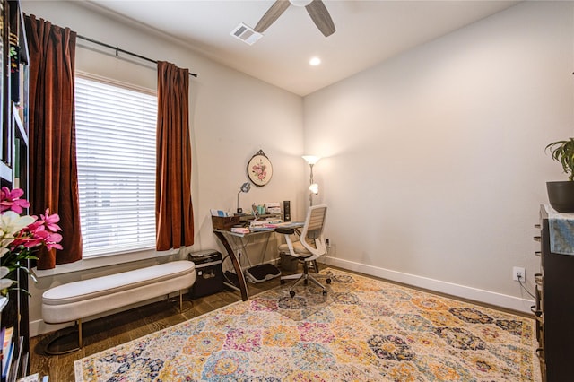 10918 Brookeshire Chase Ln, Houston, TX 77043 - office featuring a ceiling fan, wood finished floors, baseboards, and recessed lighting