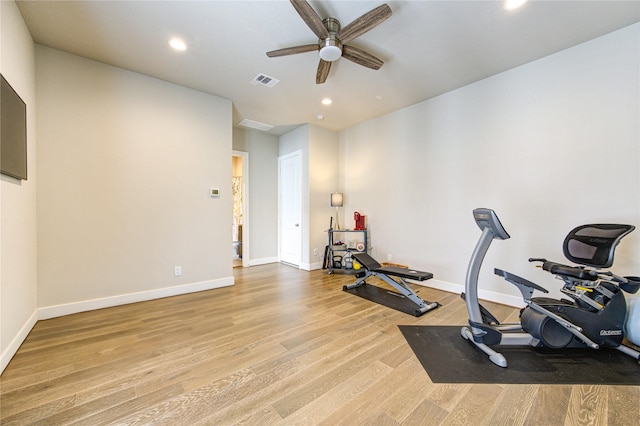 10918 Brookeshire Chase Ln, Houston, TX 77043 - workout area with ceiling fan, recessed lighting, light wood-type flooring, and baseboards