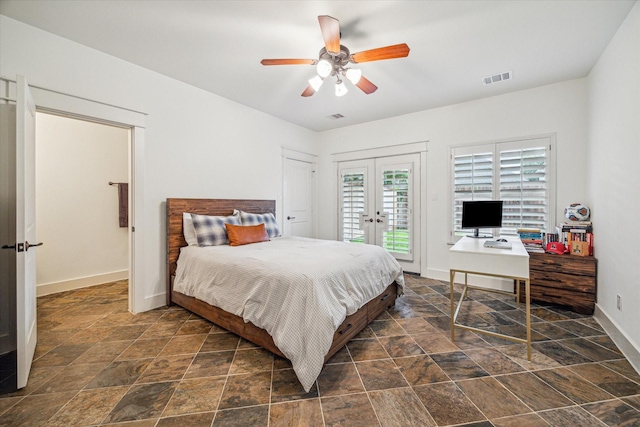 6110 Clyde St, Houston, TX 77007 - bedroom with french doors, access to exterior, dark stone finish floors, baseboards, and a ceiling fan