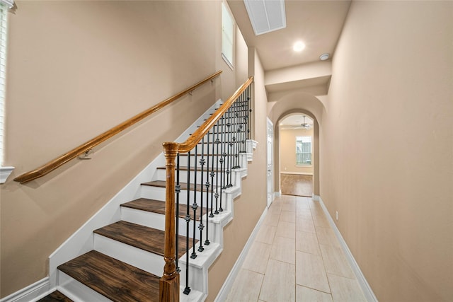 2804 Sherwin St, Houston, TX 77007 - stairs with baseboards, recessed lighting, and a ceiling fan
