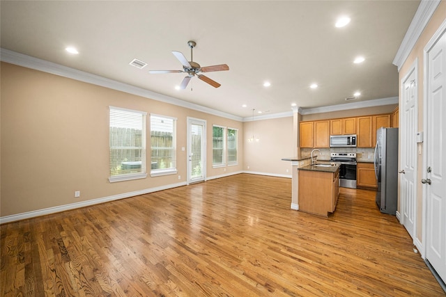 2804 Sherwin St, Houston, TX 77007 - kitchen featuring appliances with stainless steel finishes, open floor plan, light wood-style floors, ceiling fan, and a sink
