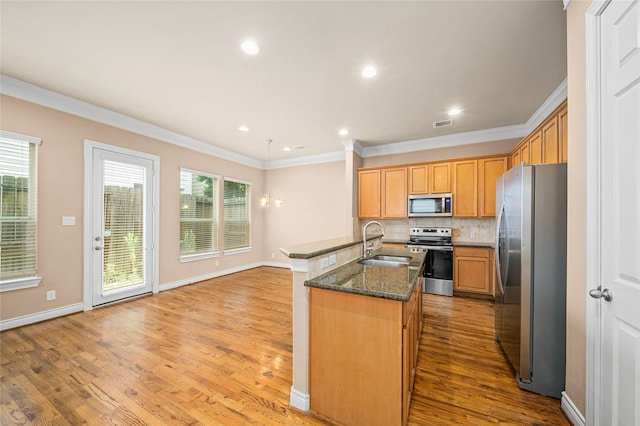 2804 Sherwin St, Houston, TX 77007 - kitchen featuring stainless steel appliances, a sink, light wood-style flooring, healthy amount of natural light, and crown molding