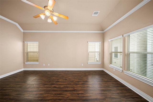 2804 Sherwin St, Houston, TX 77007 - empty room with plenty of natural light, ceiling fan, baseboards, vaulted ceiling, and crown molding