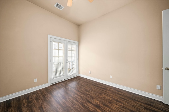 2804 Sherwin St, Houston, TX 77007 - unfurnished room featuring baseboards, dark wood-type flooring, a ceiling fan, and lofted ceiling