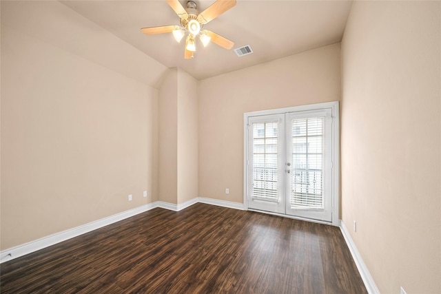 2804 Sherwin St, Houston, TX 77007 - empty room with dark wood-style floors, baseboards, ceiling fan, and french doors
