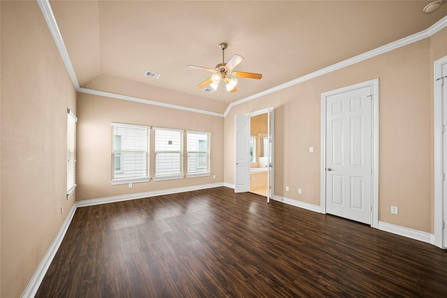 2804 Sherwin St, Houston, TX 77007 - unfurnished bedroom with dark wood-style flooring, baseboards, crown molding, connected bathroom, and ceiling fan
