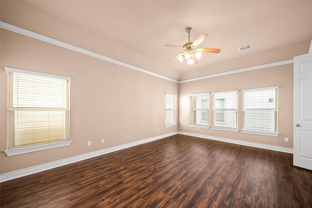 2804 Sherwin St, Houston, TX 77007 - empty room with ceiling fan, baseboards, dark wood-type flooring, lofted ceiling, and ornamental molding