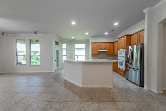 5226 Englewood Point Ct, Katy, TX 77494 - kitchen featuring white appliances, ornamental molding, light countertops, light tile patterned floors, and recessed lighting