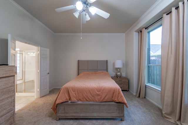 5226 Englewood Point Ct, Katy, TX 77494 - bedroom featuring ornamental molding, connected bathroom, light colored carpet, baseboards, and ceiling fan