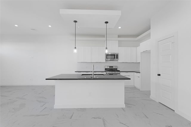 2931 El Fenice Ln, Houston, TX 77057 - kitchen featuring stainless steel appliances, a sink, dark countertops, light marble finish floors, and white cabinetry
