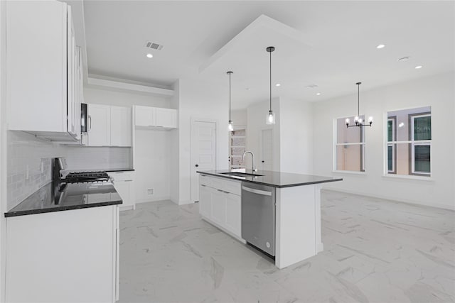 2931 El Fenice Ln, Houston, TX 77057 - kitchen with appliances with stainless steel finishes, dark countertops, a sink, light marble finish floors, and white cabinets