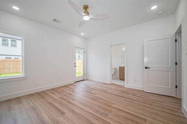 6023 Maybell, Houston, TX 77091 - unfurnished bedroom with light wood-type flooring, baseboards, connected bathroom, recessed lighting, and a ceiling fan