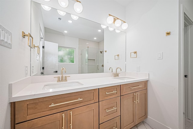 6023 Maybell, Houston, TX 77091 - bathroom featuring double vanity, a stall shower, marble finish floors, and baseboards