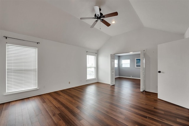 1302 Tiki Dr, Tiki Island, TX 77554 - empty room with ceiling fan, vaulted ceiling, dark wood-style flooring, baseboards, and recessed lighting