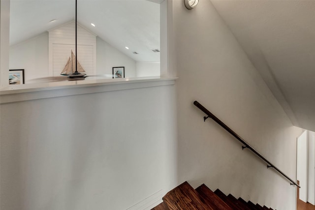 1302 Tiki Dr, Tiki Island, TX 77554 - stairway featuring lofted ceiling