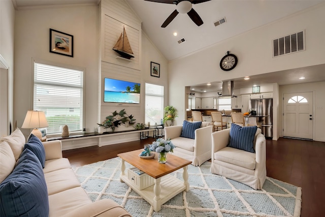 1302 Tiki Dr, Tiki Island, TX 77554 - living room with high vaulted ceiling, a ceiling fan, wood finished floors, healthy amount of natural light, and recessed lighting