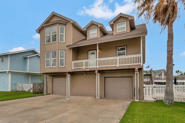 1302 Tiki Dr, Tiki Island, TX 77554 - view of front facade featuring a garage, driveway, a shingled roof, and a balcony