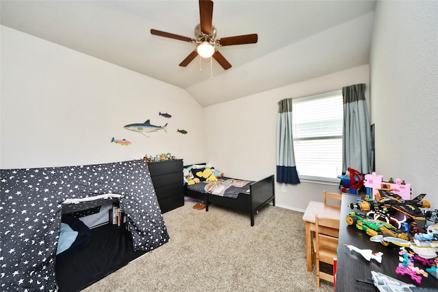 14133 Sharktooth Hill Ln, Conroe, TX 77384 - bedroom featuring carpet floors, vaulted ceiling, baseboards, and ceiling fan