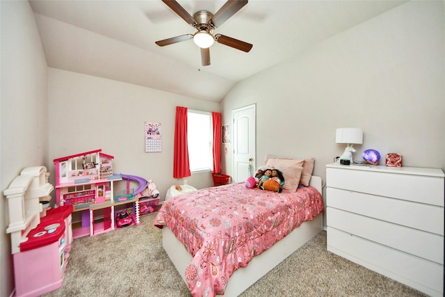 14133 Sharktooth Hill Ln, Conroe, TX 77384 - carpeted bedroom featuring vaulted ceiling and ceiling fan