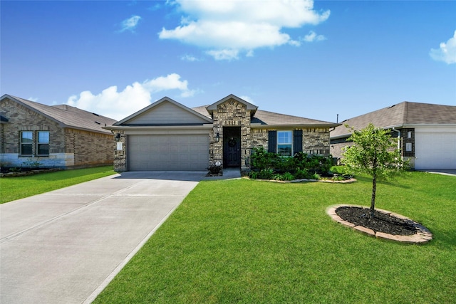 14133 Sharktooth Hill Ln, Conroe, TX 77384 - view of front facade featuring a garage, driveway, a front yard, and stone siding