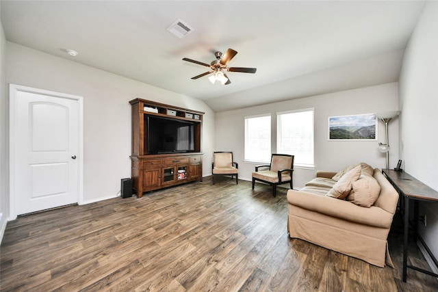 14133 Sharktooth Hill Ln, Conroe, TX 77384 - living area with wood finished floors, a ceiling fan, lofted ceiling, and baseboards