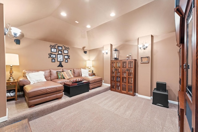 13727 Elm Shores Dr, Houston, TX 77044 - carpeted living room with vaulted ceiling, baseboards, and recessed lighting