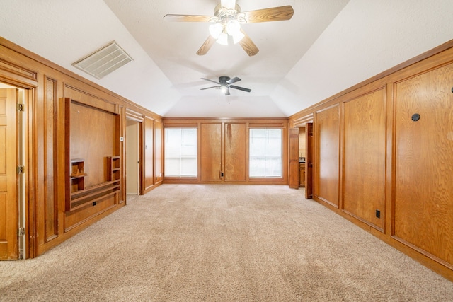 6914 Coral Ridge Rd, Houston, TX 77069 - unfurnished living room with vaulted ceiling, ceiling fan, and light colored carpet