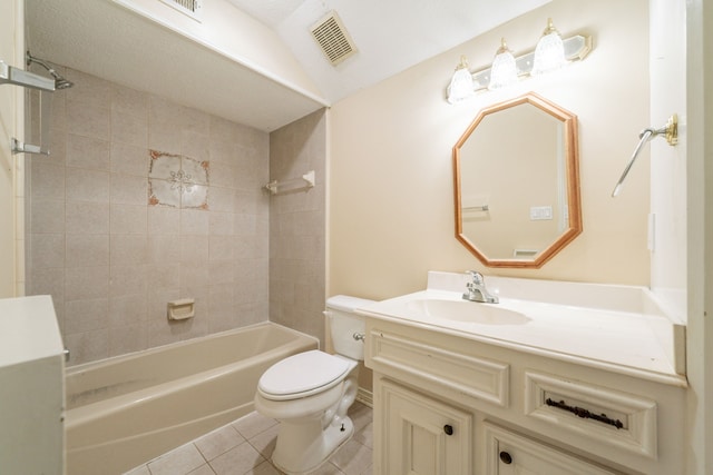 6914 Coral Ridge Rd, Houston, TX 77069 - bathroom with tile patterned floors, toilet, vanity,  shower combination, and vaulted ceiling