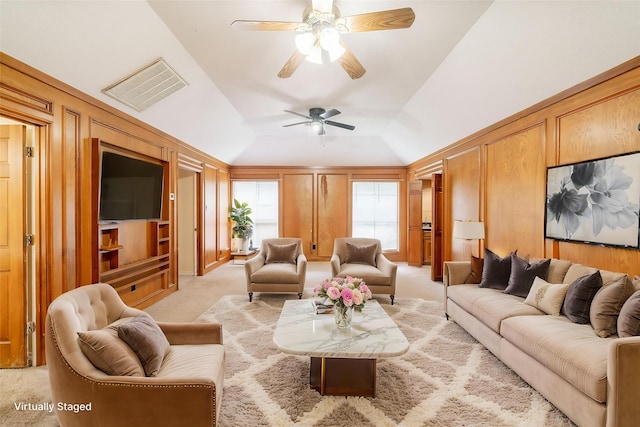 6914 Coral Ridge Rd, Houston, TX 77069 - living room with light carpet, lofted ceiling, and a ceiling fan