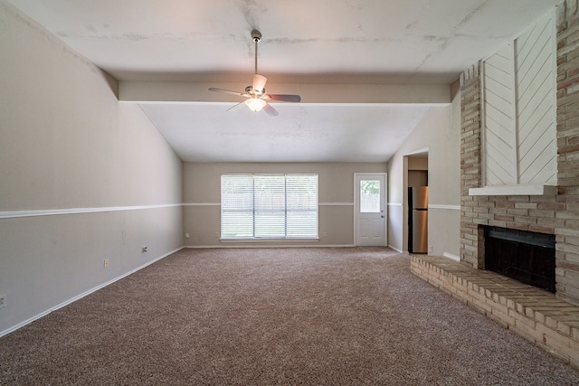 3614 Cheaney Dr, Houston, TX 77066 - unfurnished living room featuring a ceiling fan, a brick fireplace, carpet floors, and baseboards