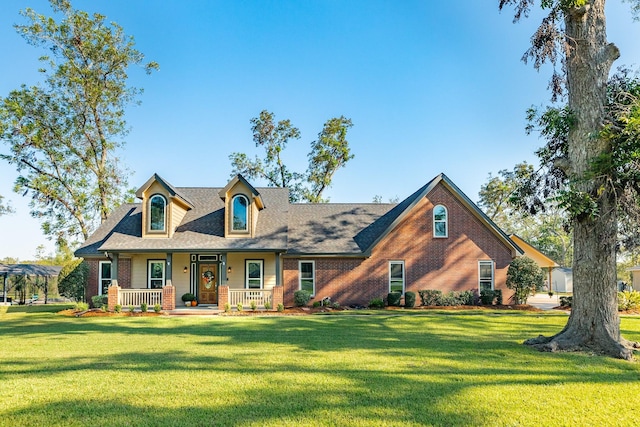 350 Pecan Estates Rd, Angleton, TX 77515 - view of front facade with covered porch, brick siding, a front yard, and roof with shingles