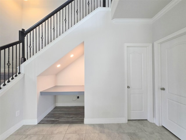 3559 Britton Burrow Way, Richmond, TX 77406 - stairway featuring crown molding, tile patterned floors, baseboards, and recessed lighting