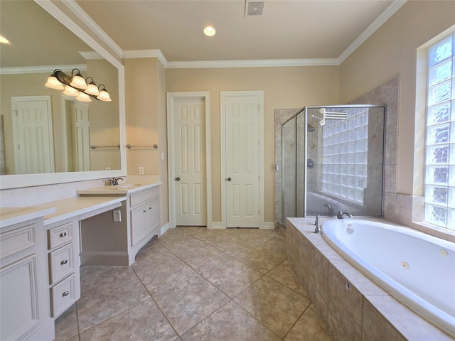 12515 Stoney Creek Dr, Pearland, TX 77584 - bathroom featuring vanity, a tub with jets, a shower stall, crown molding, and tile patterned flooring
