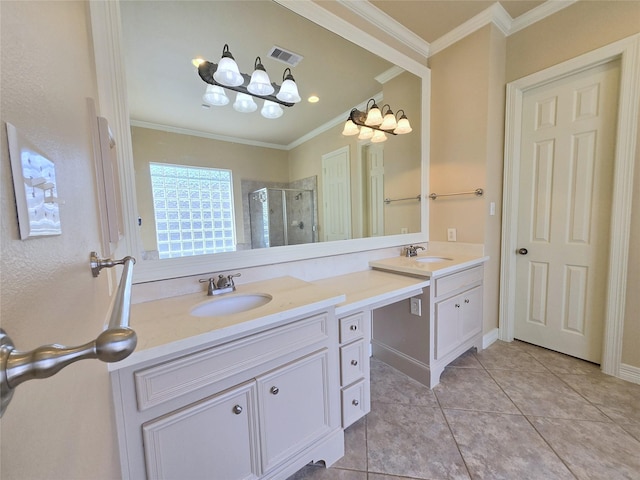 12515 Stoney Creek Dr, Pearland, TX 77584 - full bath with a shower stall, double vanity, tile patterned floors, and ornamental molding