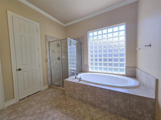 12515 Stoney Creek Dr, Pearland, TX 77584 - full bath with a tub with jets, a stall shower, ornamental molding, and tile patterned floors