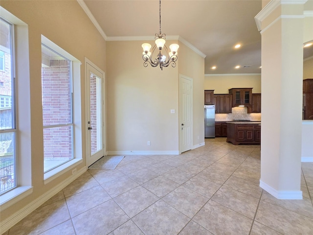12515 Stoney Creek Dr, Pearland, TX 77584 - unfurnished dining area featuring ornamental molding, a chandelier, light tile patterned floors, recessed lighting, and baseboards