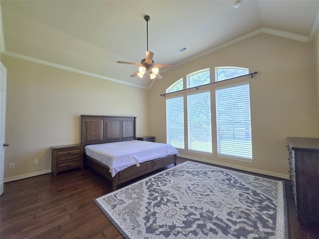12515 Stoney Creek Dr, Pearland, TX 77584 - bedroom with lofted ceiling, dark wood-style flooring, ornamental molding, baseboards, and a ceiling fan