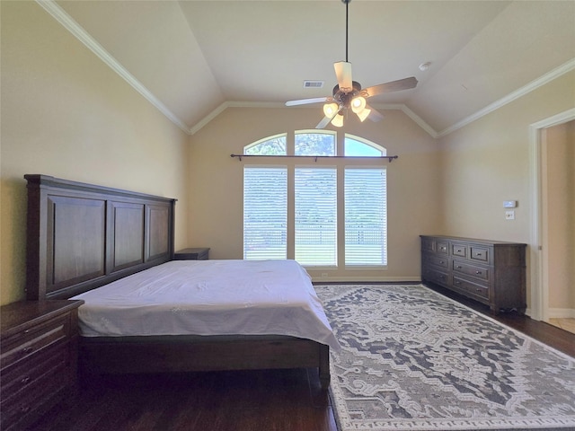 12515 Stoney Creek Dr, Pearland, TX 77584 - bedroom featuring wood finished floors, vaulted ceiling, baseboards, ceiling fan, and crown molding