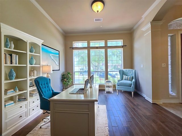 12515 Stoney Creek Dr, Pearland, TX 77584 - office area with ornamental molding, dark wood-style flooring, and baseboards
