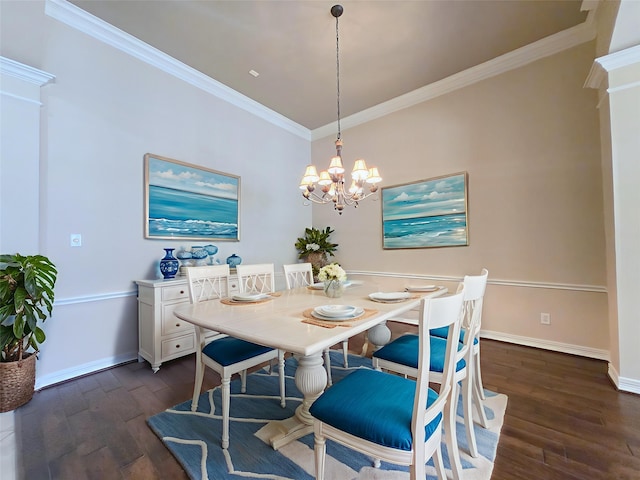 12515 Stoney Creek Dr, Pearland, TX 77584 - dining space featuring dark wood-style floors, crown molding, a chandelier, and baseboards