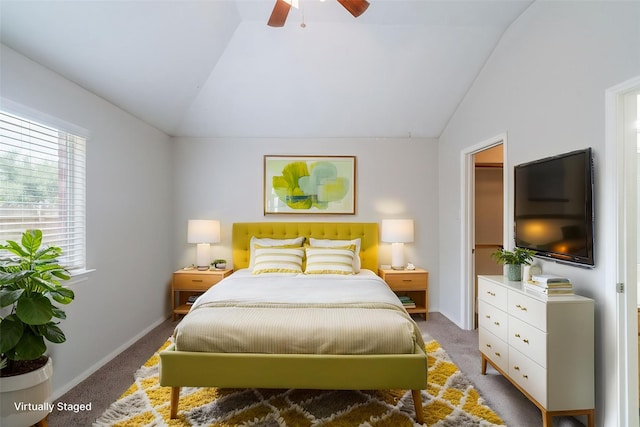 6635 Rusty Ridge Ln, Katy, TX 77449 - carpeted bedroom featuring vaulted ceiling, baseboards, and ceiling fan