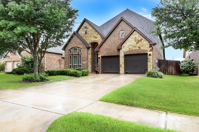 29306 Lovegrass Ct, Katy, TX 77494 - view of front facade with concrete driveway, stone siding, roof with shingles, brick siding, and an attached garage